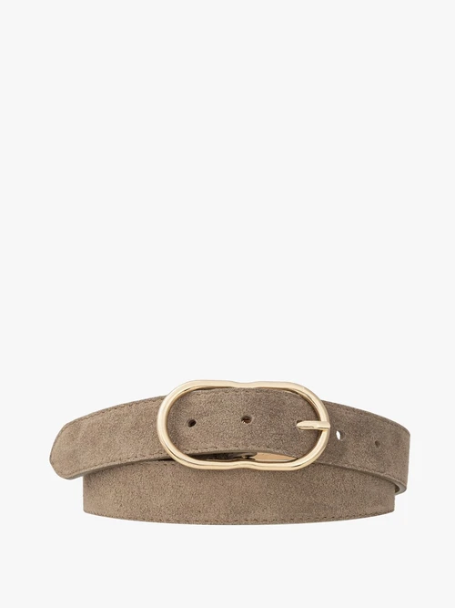 Ciemnobeżowy welurowy pasek damski ze złotą klamrą