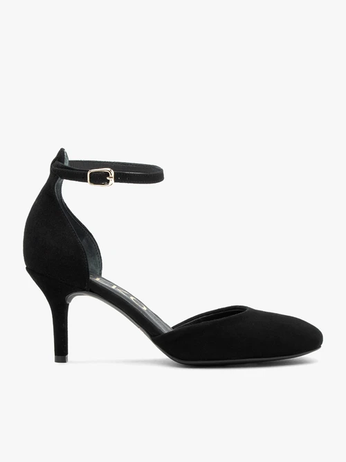 Czarne czółenka zapinane na pasek ze skóry welurowej