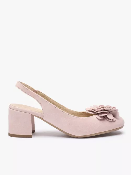 Jasnoróżowe czółenka bez pięty slingback z kwiatem