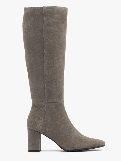 Szare kozaki na słupku ze skóry welurowej