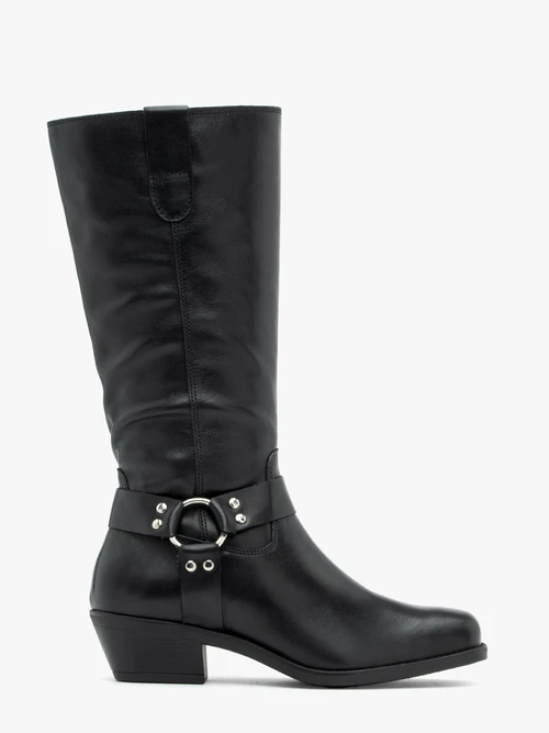 Czarne kozaki biker ze skóry licowej