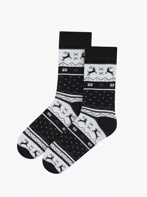Biało-czarne skarpetki świąteczne unisex z reniferami