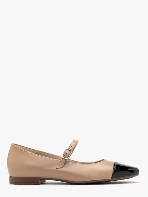 Beżowe baleriny z kontrastowym czarnym noskiem