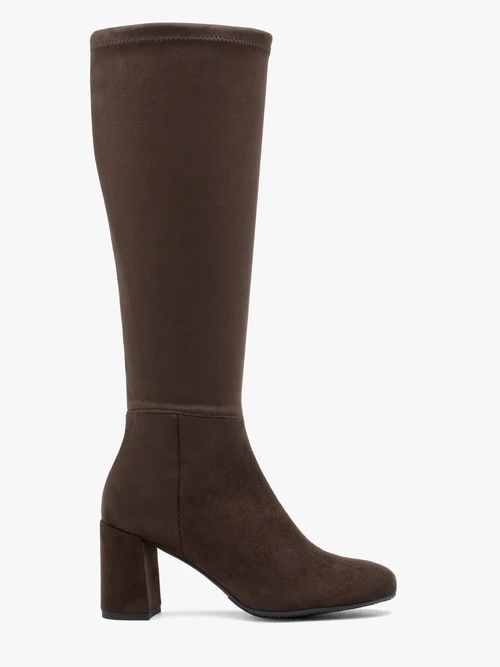 Ciemnobrązowe kozaki z szeroką elastyczną cholewką