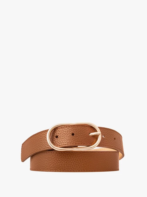 Rudy pasek damski ze złotą klamrą