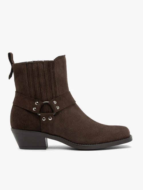 Brązowe sztyblety biker boots ze skóry welurowej