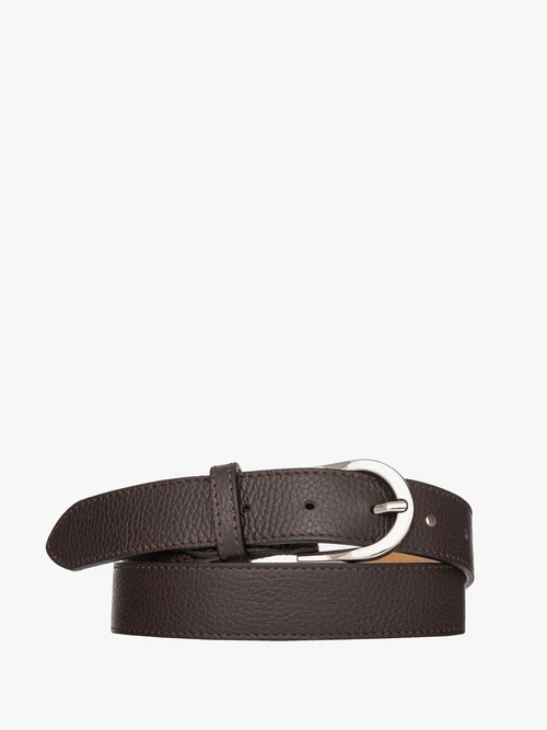 Ciemnobrązowy pasek damski ze srebrną klamrą