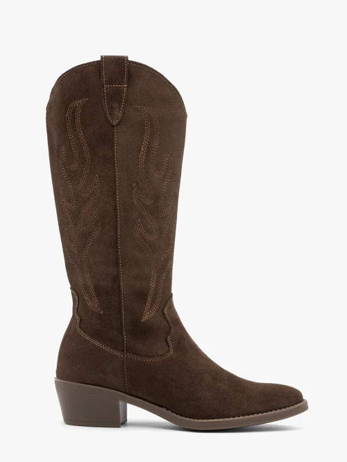 Ciemnobrązowe skórzane kozaki kowbojki