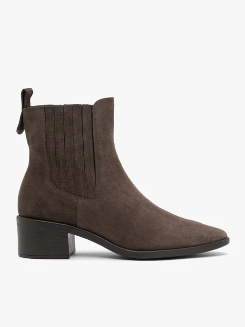 Brązowe sztyblety na słupku ze skóry welurowej