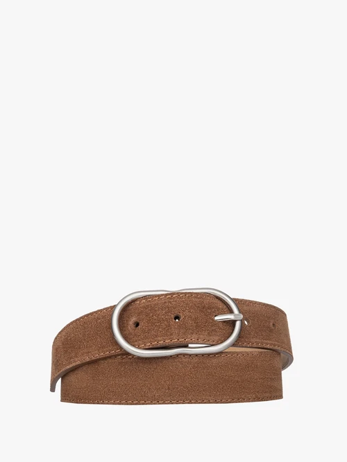 Rudy welurowy pasek damski ze srebrną klamrą