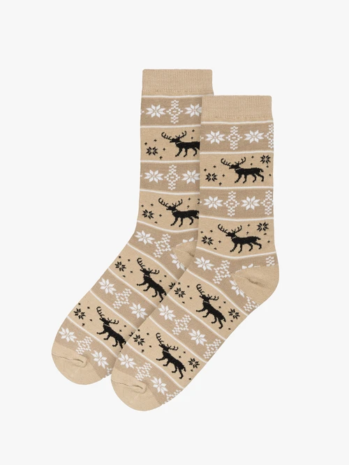 Beżowo-brązowe skarpetki świąteczne unisex w renifery