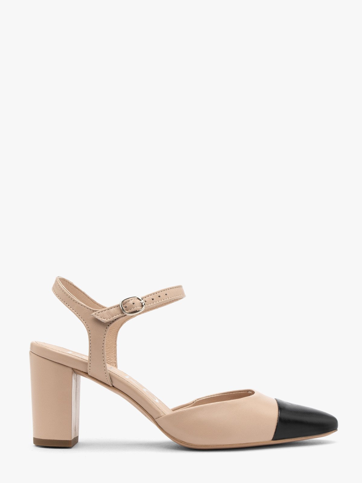 Beżowo czarne czółenka damskie z odkrytą piętą EVELYN