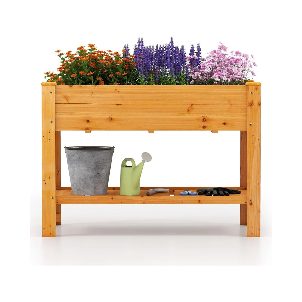Drewniana podwyższona skrzynia ogrodowa z półką