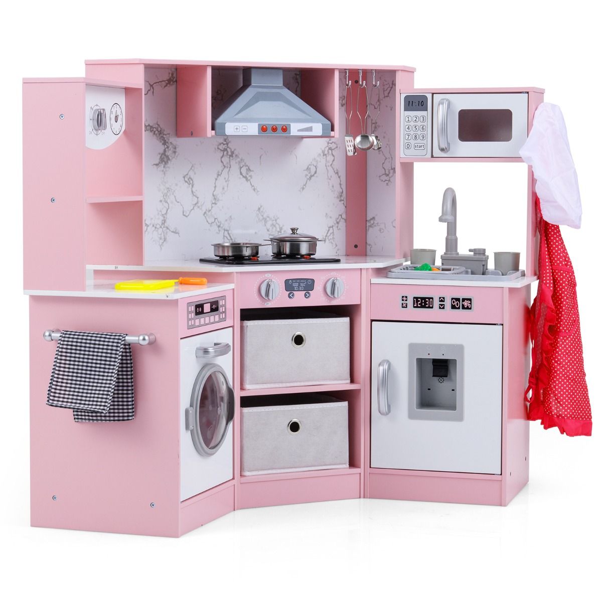 Drewniana kuchnia dziecięca z akcesoriami i pralką różowa