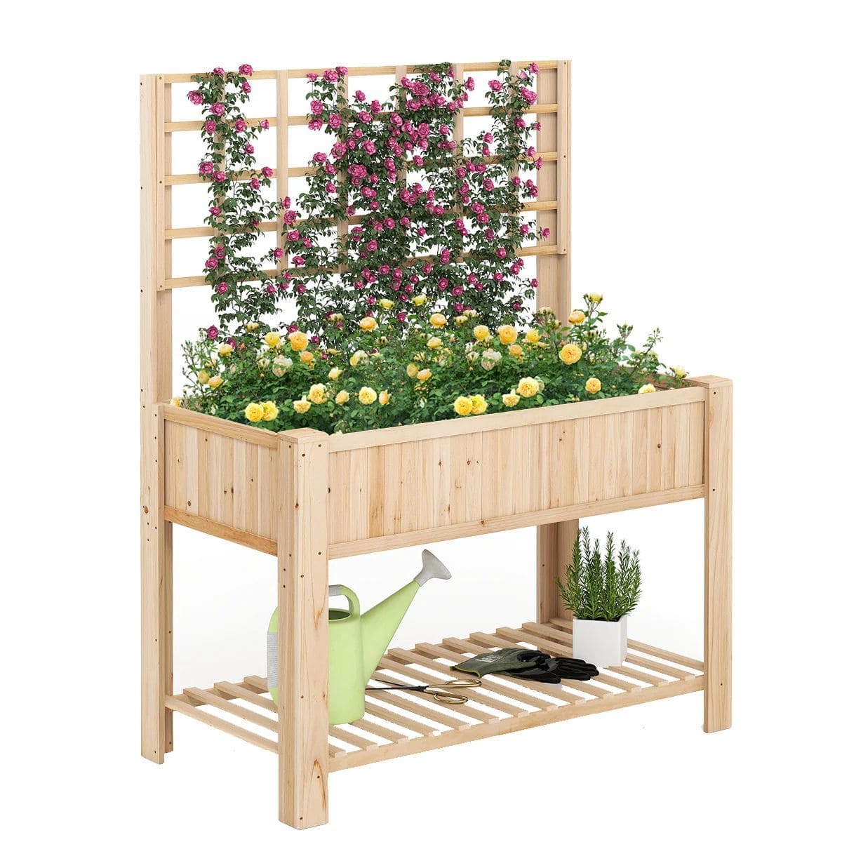 Podwyższona drewniana skrzynia ogrodowa z trejażem i półką