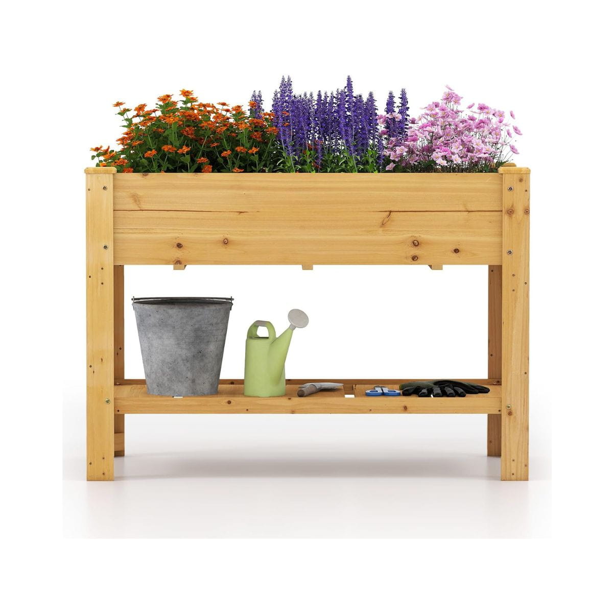 Drewniana podwyższona skrzynia ogrodowa z półką
