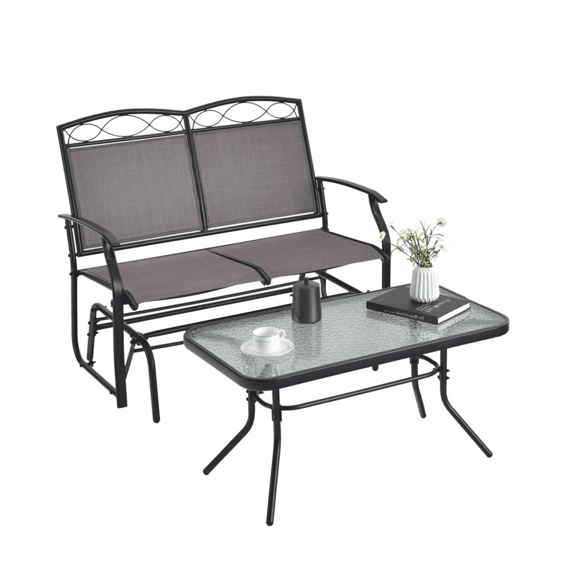 Ławka ogrodowa z funkcją kołysania z stolikiem ze szkła hartowanego