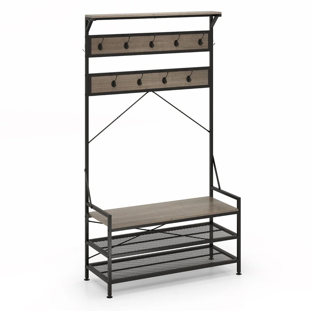 Wieszak na ubrania z półką na buty i ławką szary