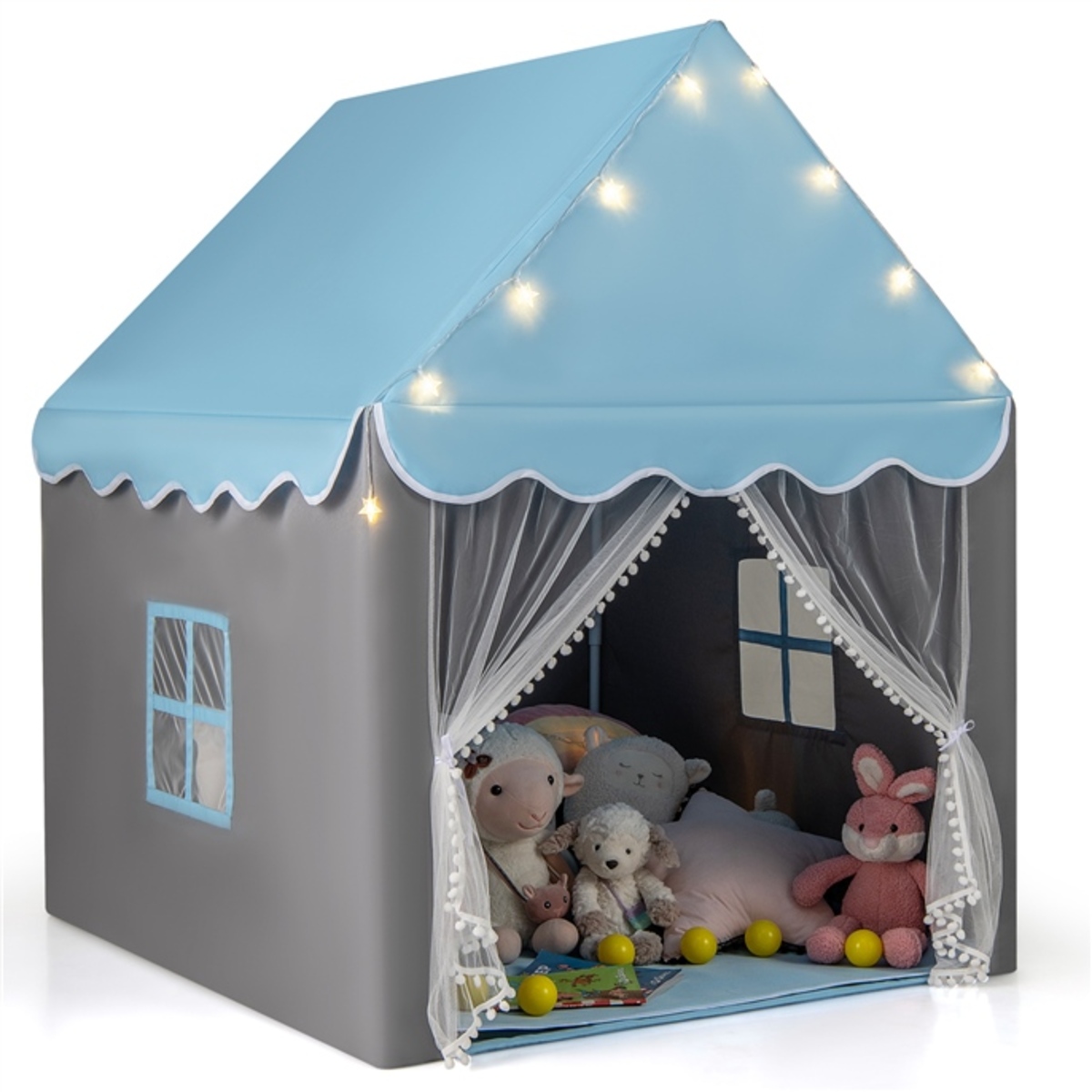 Domek dla dzieci z ramą z PCV z bawełnianą matą podłogową i świecącymi gwiazdkami
