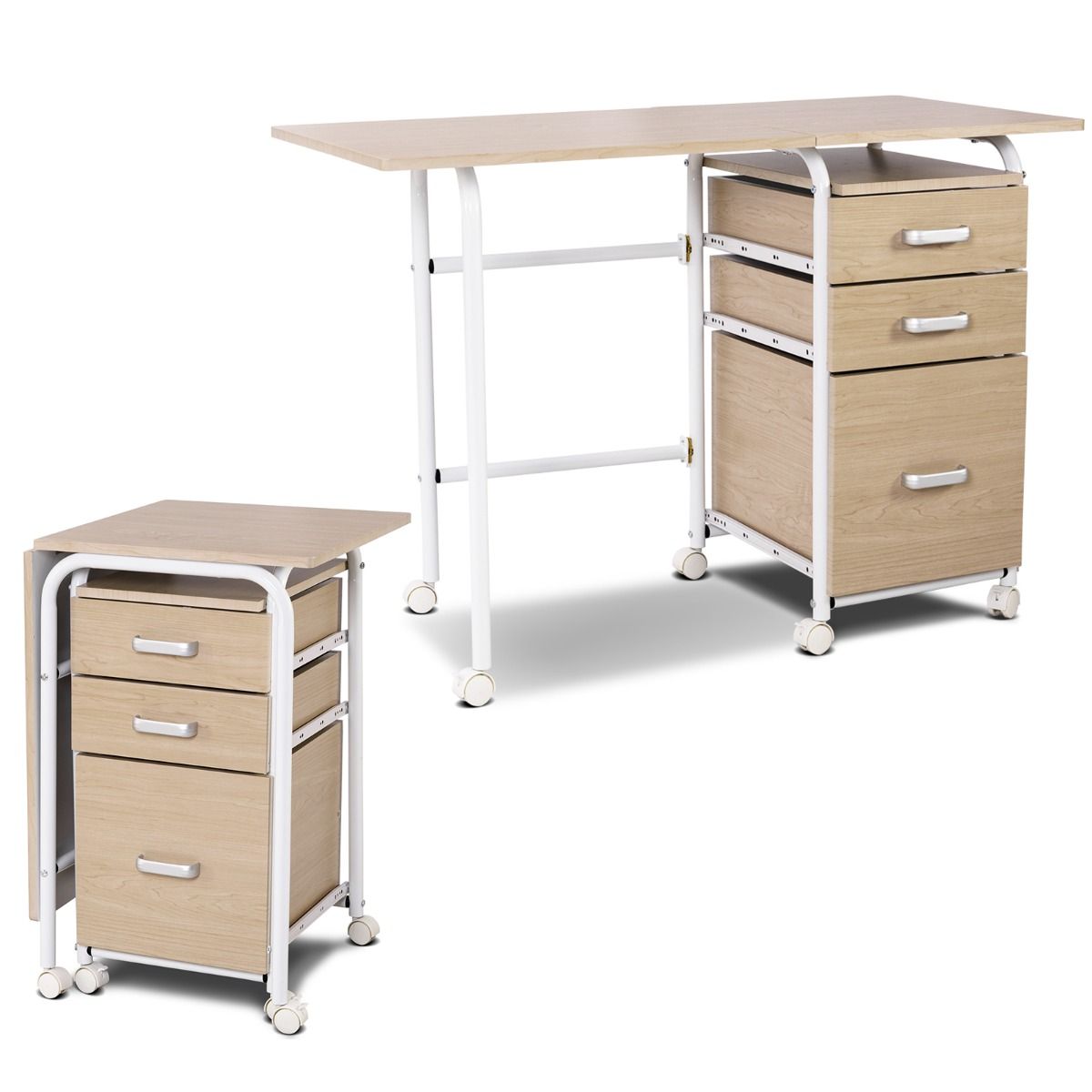 Biurko komputerowe składane z szufladami i kółkami