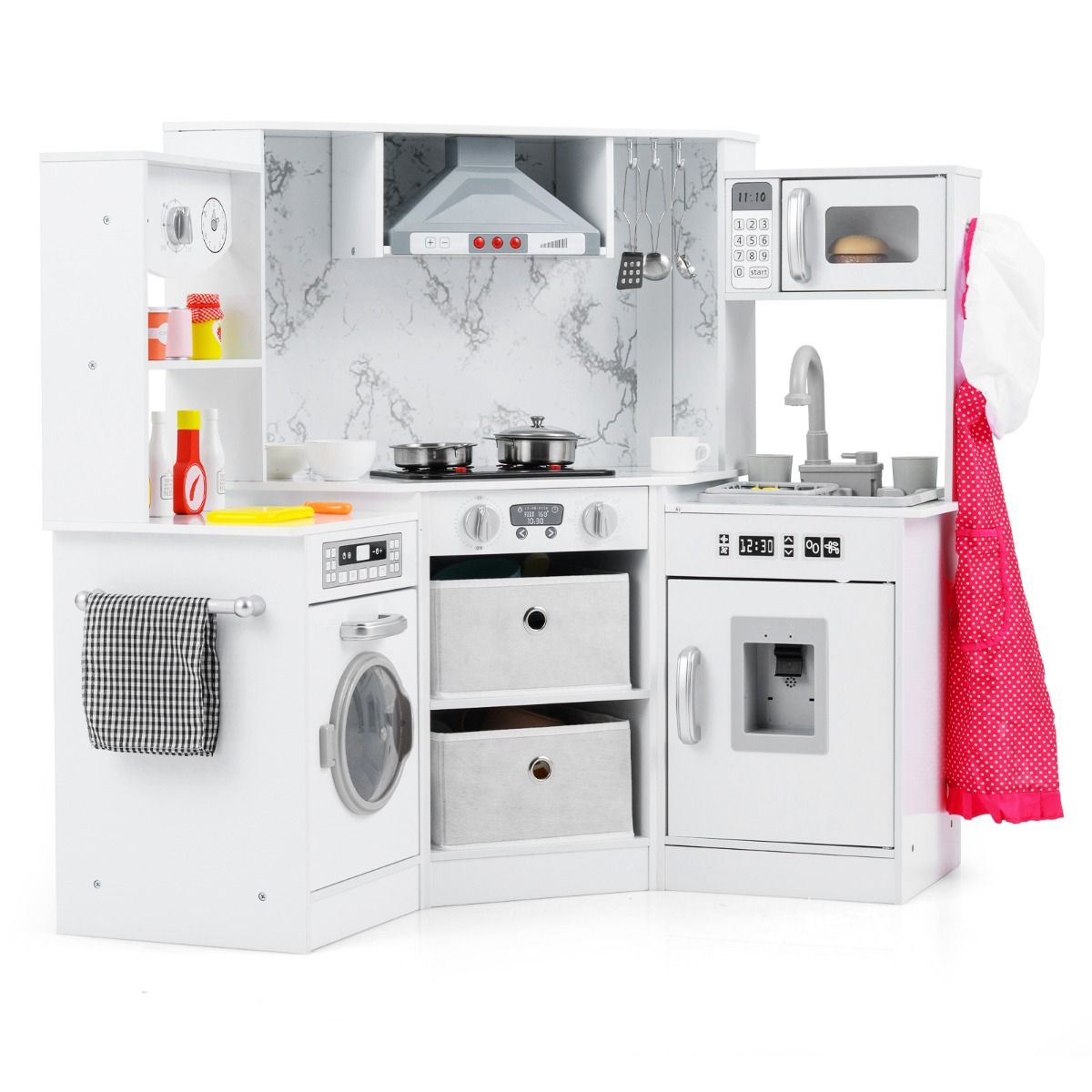 Drewniana kuchnia dziecięca z akcesoriami i pralką biała