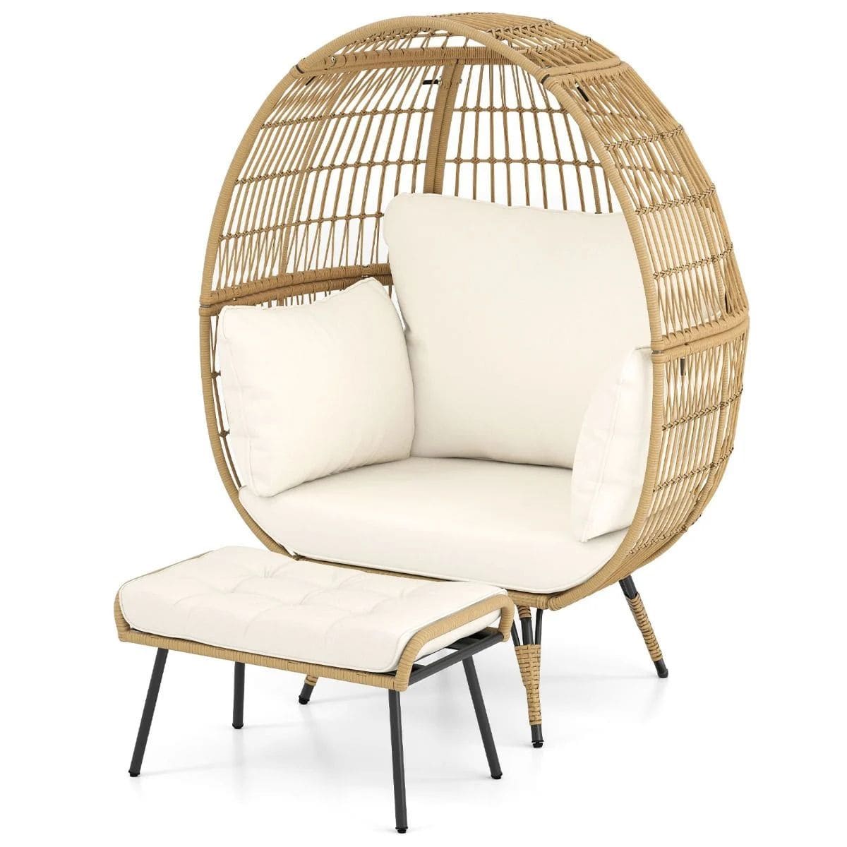 Duży rattanowy fotel z podnóżkiem