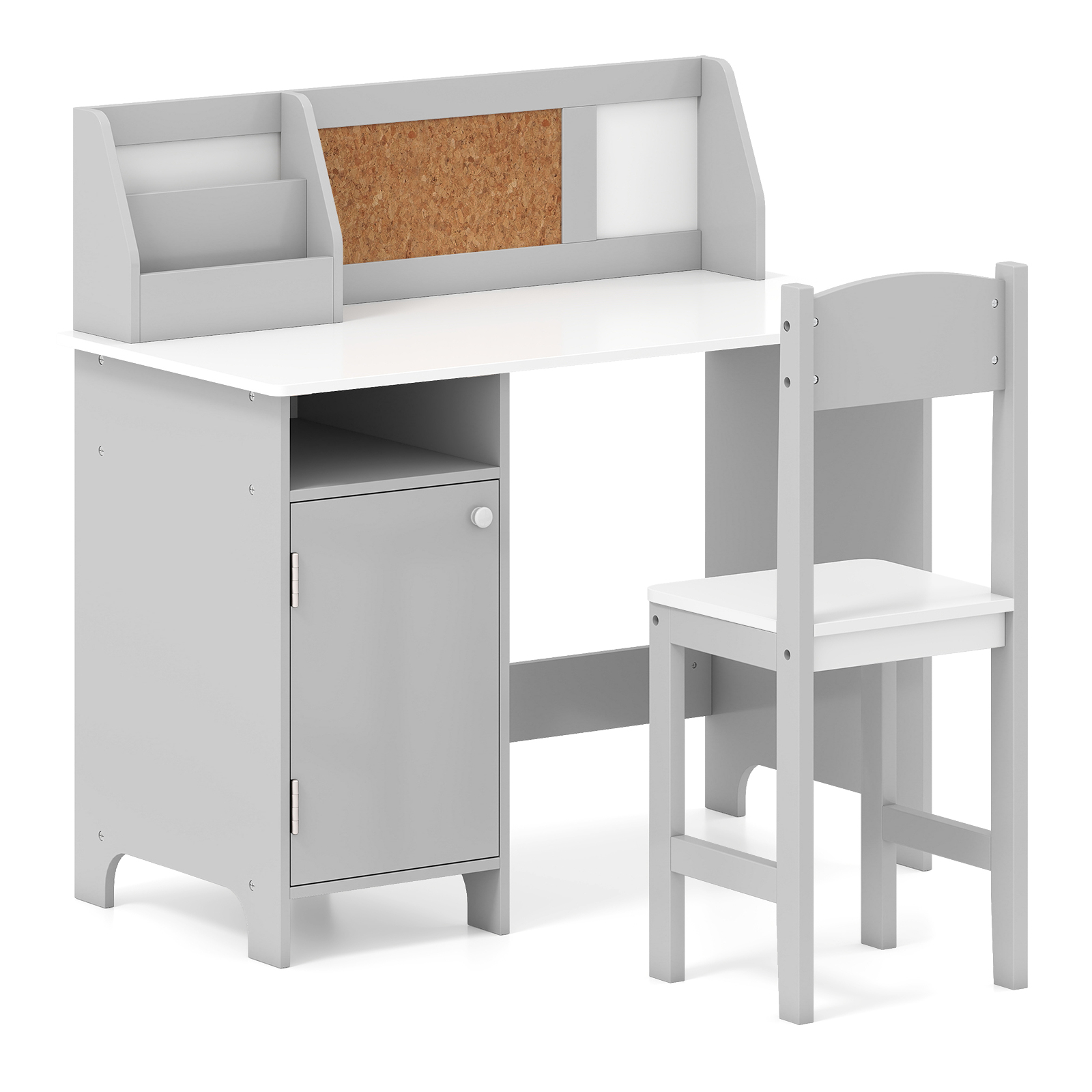 Szare biurko dziecięce z drewnianym krzesłem