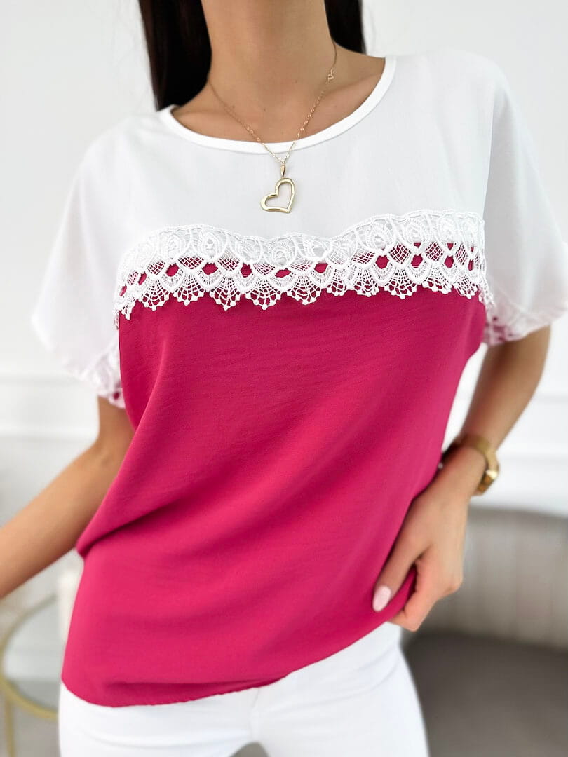 Biało-Różowa Bluzka z Koronką 9805-03-H
