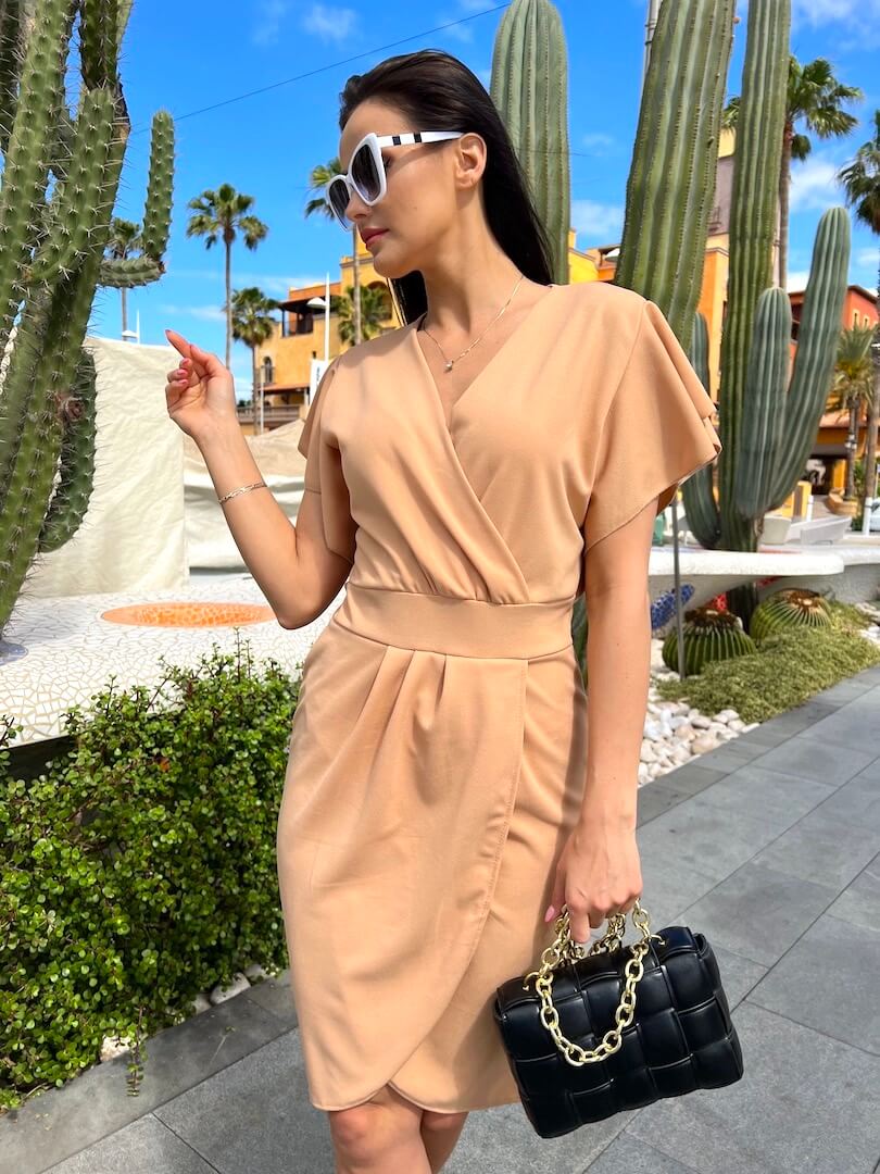 Beżowa Sukienka z Kopertowym Dekoltem 7714-72-A