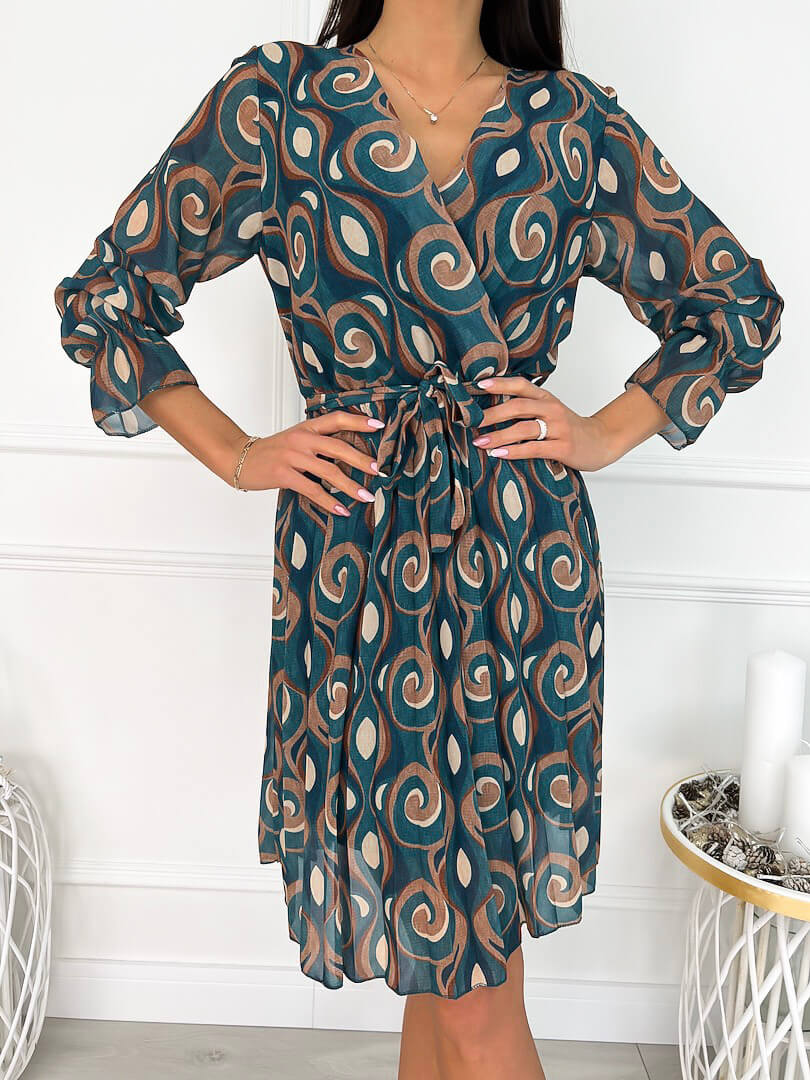 Turkusowa Plisowana Sukienka ze Wzorem 9334-154