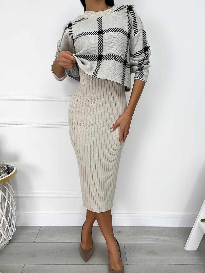 Kremowo-Czarny Komplet Sweterek + Sukienka 9292-235-E