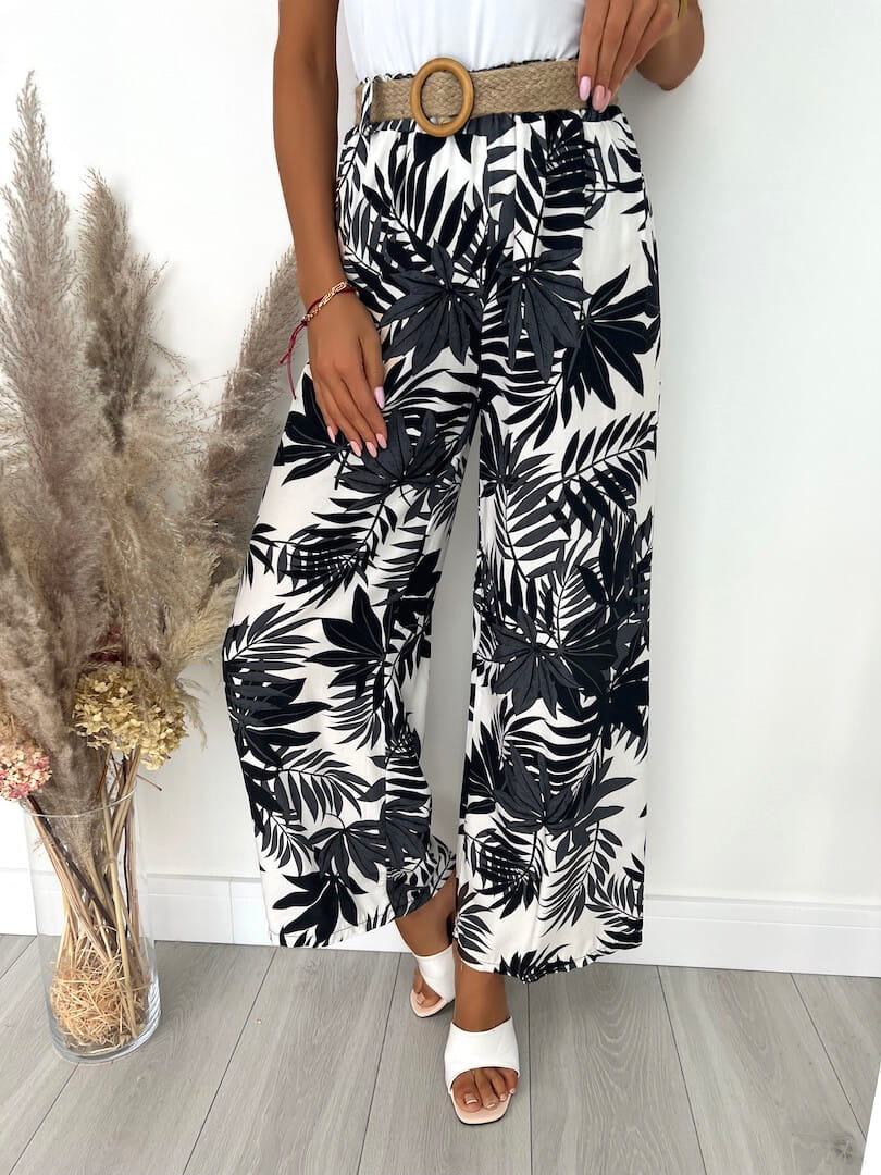 Białe Spodnie w Czarny Wzór 8299-207