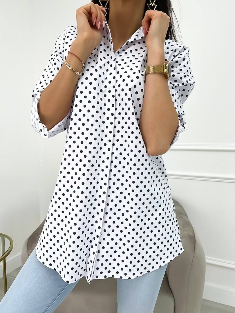 Biała Koszula Oversize w Groszki 9715-132-A