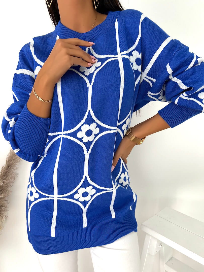Kobaltowy Sweter w Biały Wzór 8288-512-B