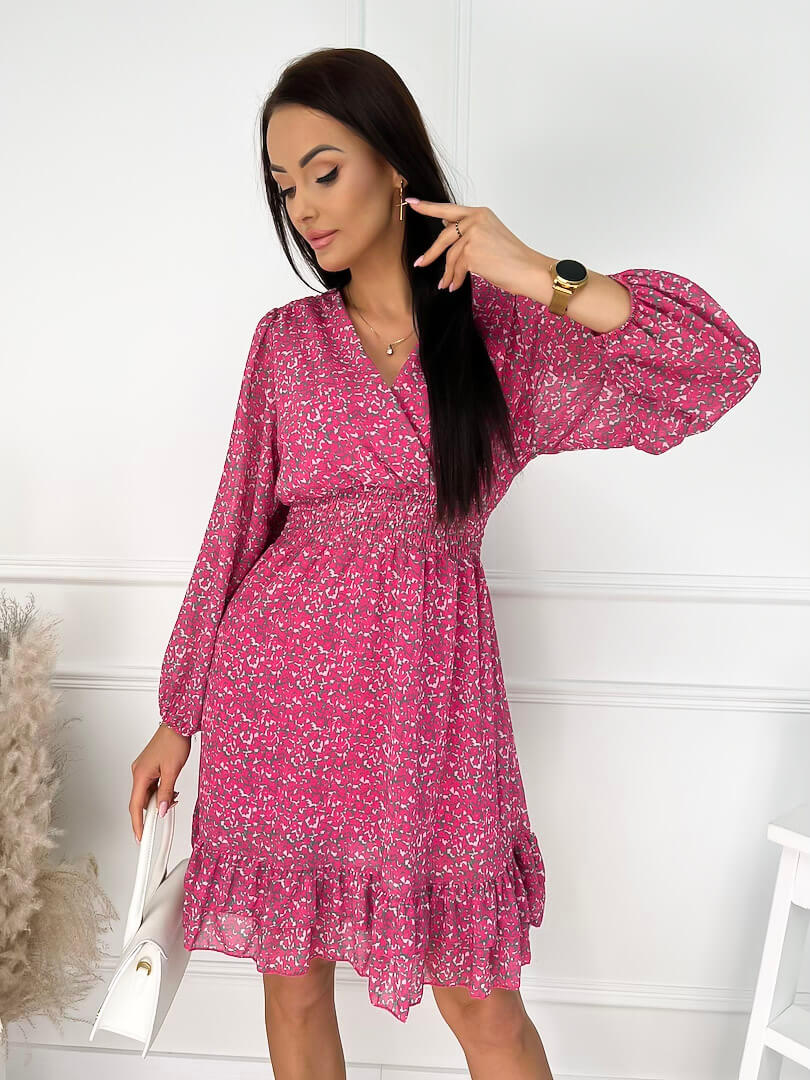 Różowa Sukienka w Drobne Kwiatki 9637-237-B
