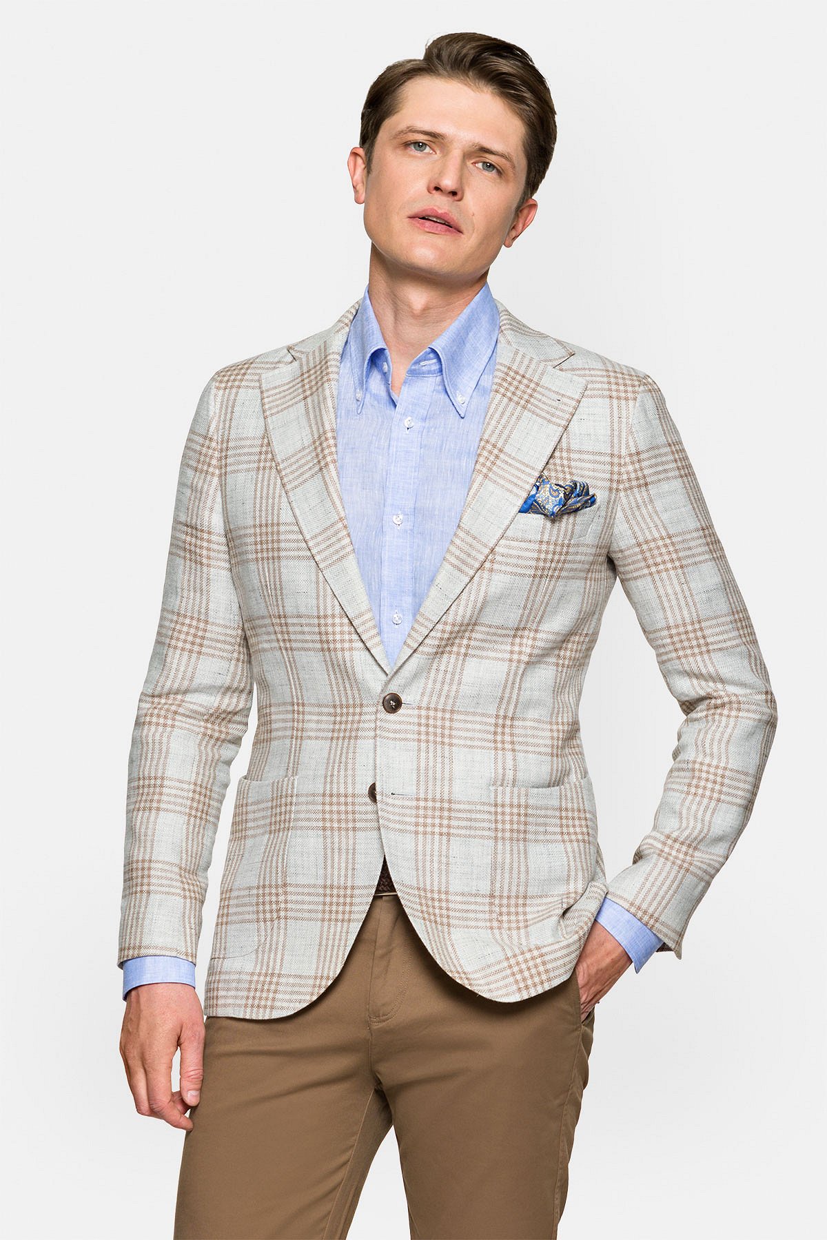 Marynarka Beżowa z Lnem z Wełną w Kratę Atacama