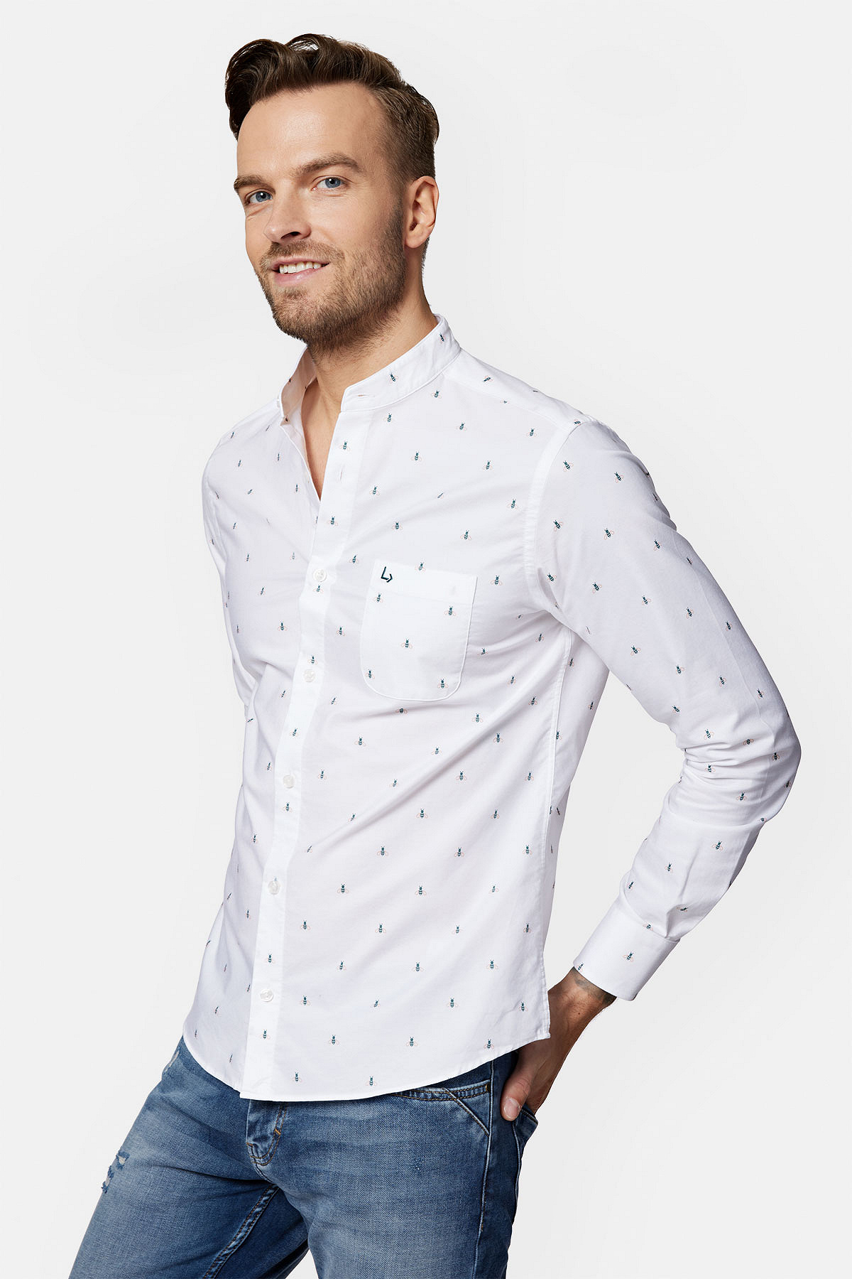 Koszula Biała Bawełniana ze Stójką i Nadrukiem Isabel