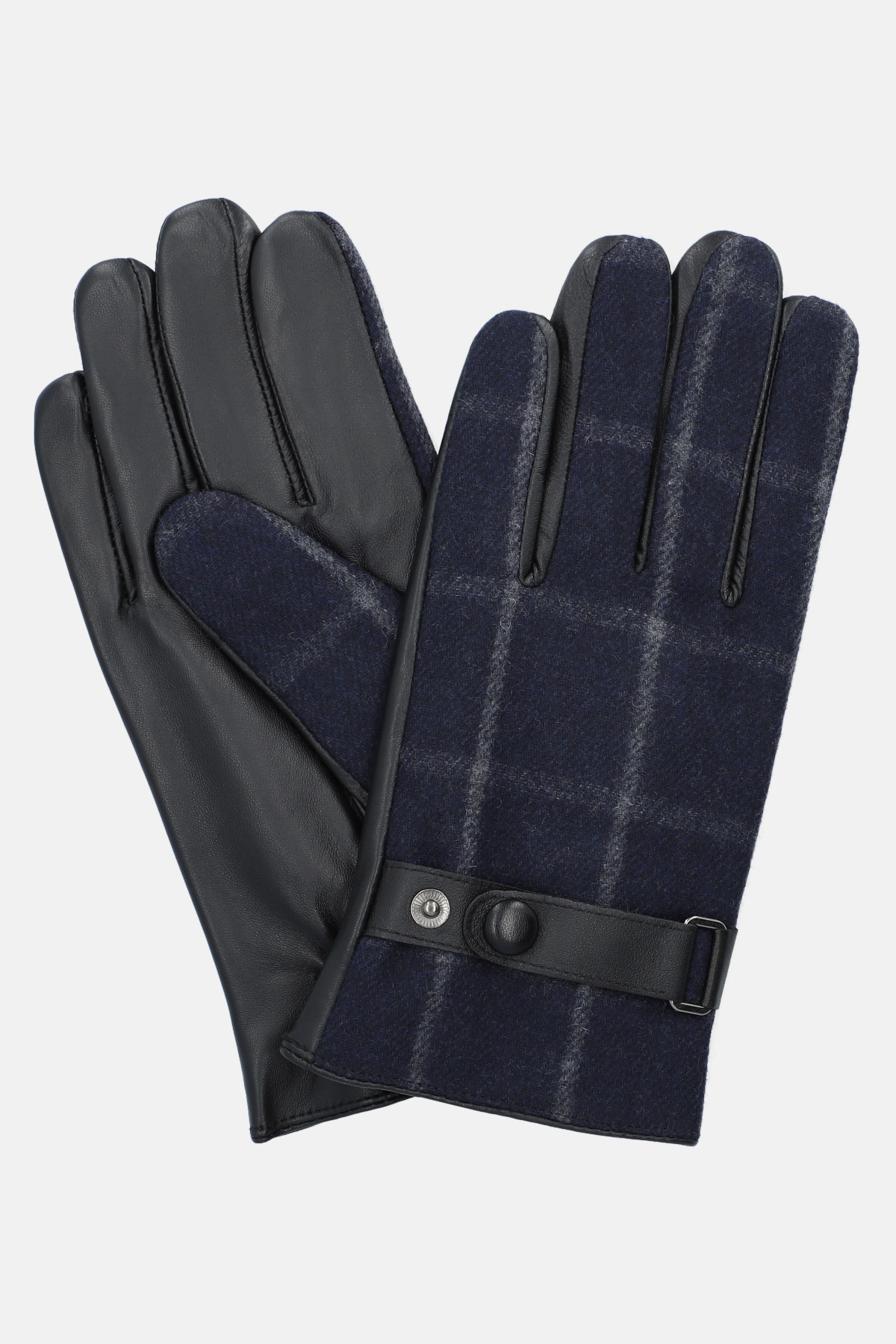 Rękawiczki Granatowe Skórzane z Wełną w Szarą Kratę Touch