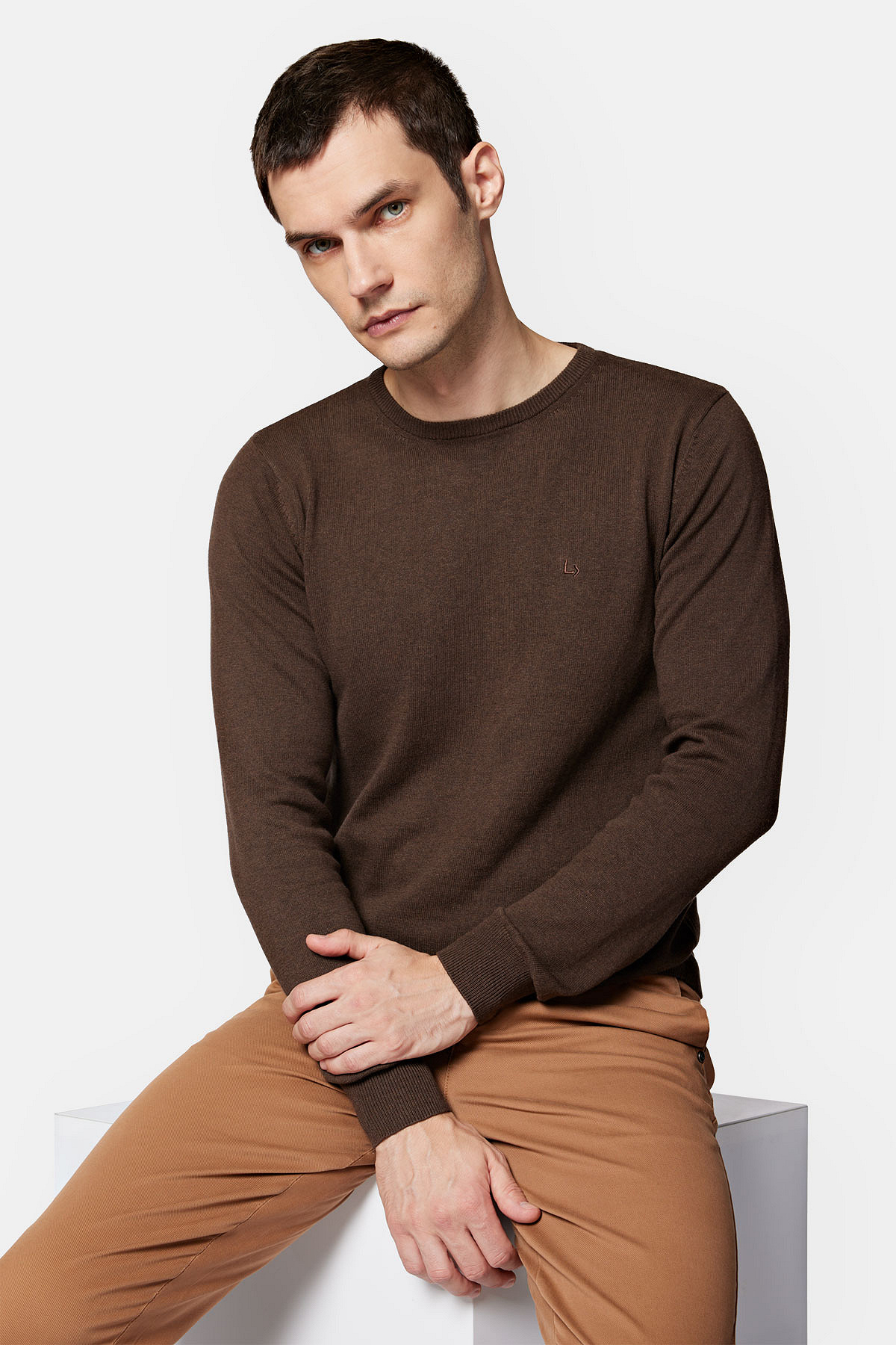 Sweter Brązowy z Bawełną Gładki Tony