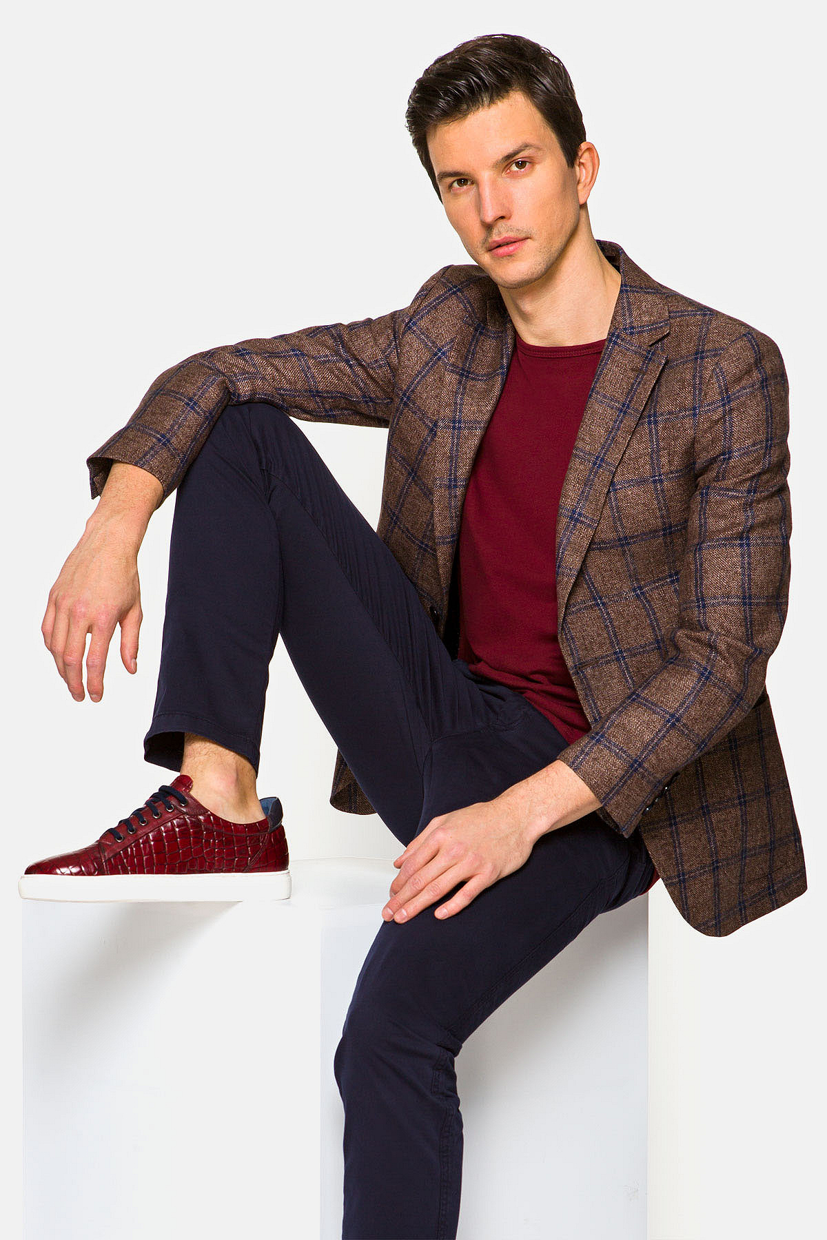 Marynarka Brązowa z Lnem z Wełną w Kratę Ravenna