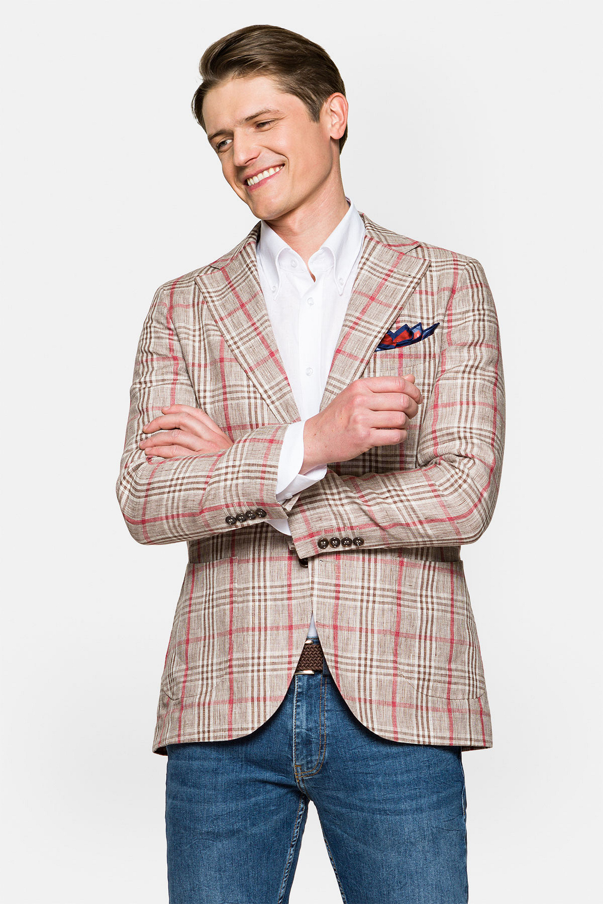 Marynarka Brązowa Lniana w Kratę Caledonia