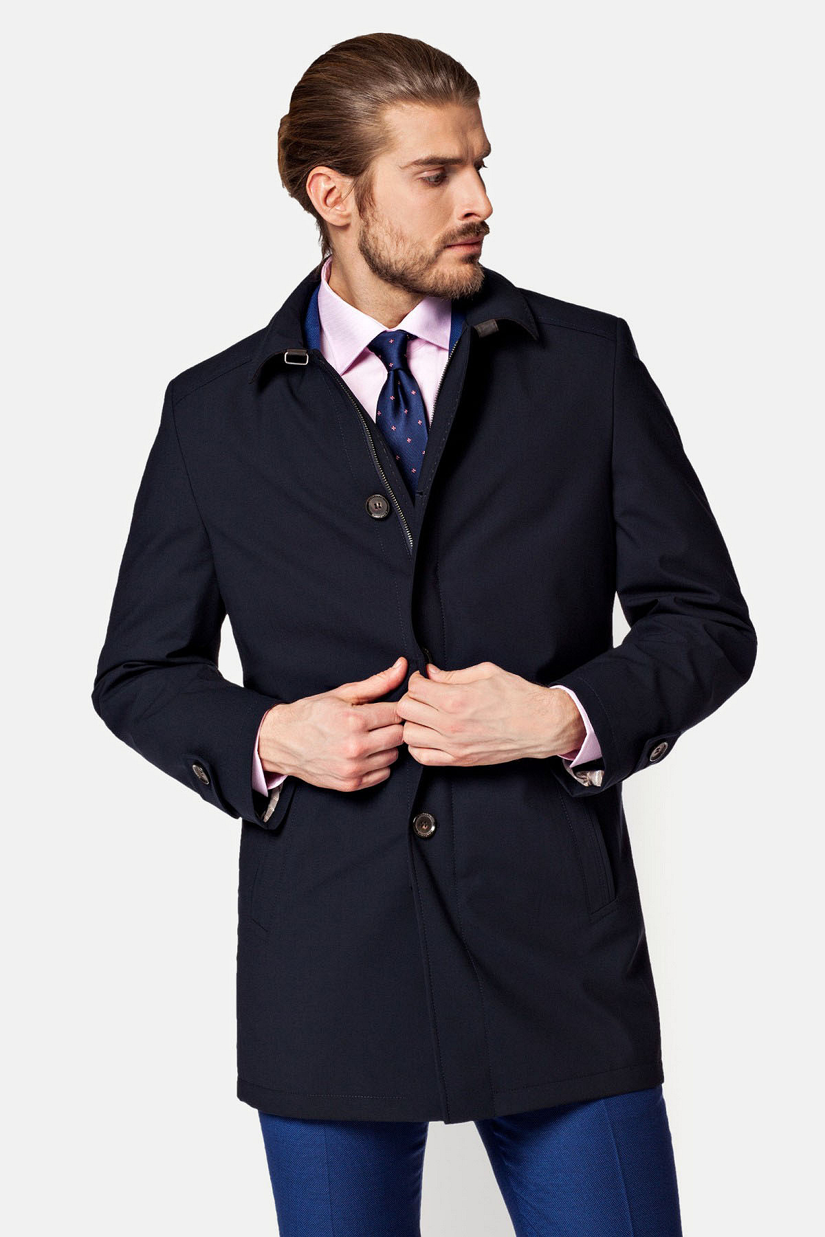 Płaszcz z Wysokim Kołnierzem Granatowy Veolia