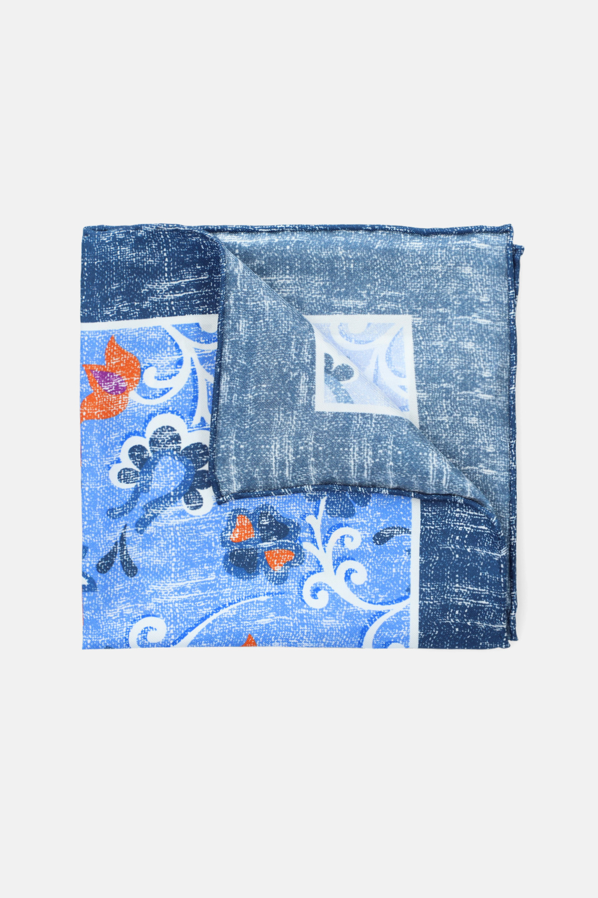 Poszetka Granatowo-Niebieska Jedwabna Wzór Roślinny