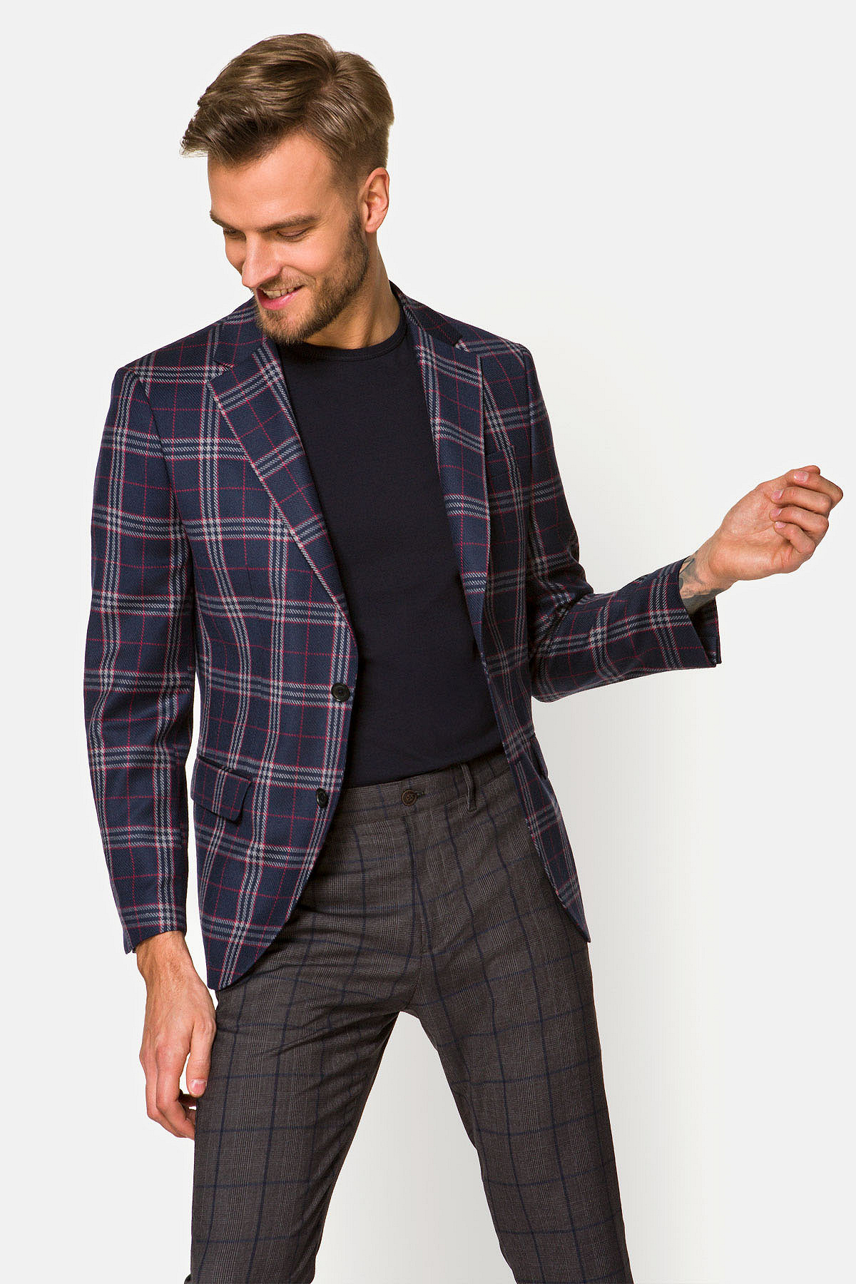 Marynarka Granatowa z Wełną w Kratę Lanzarote