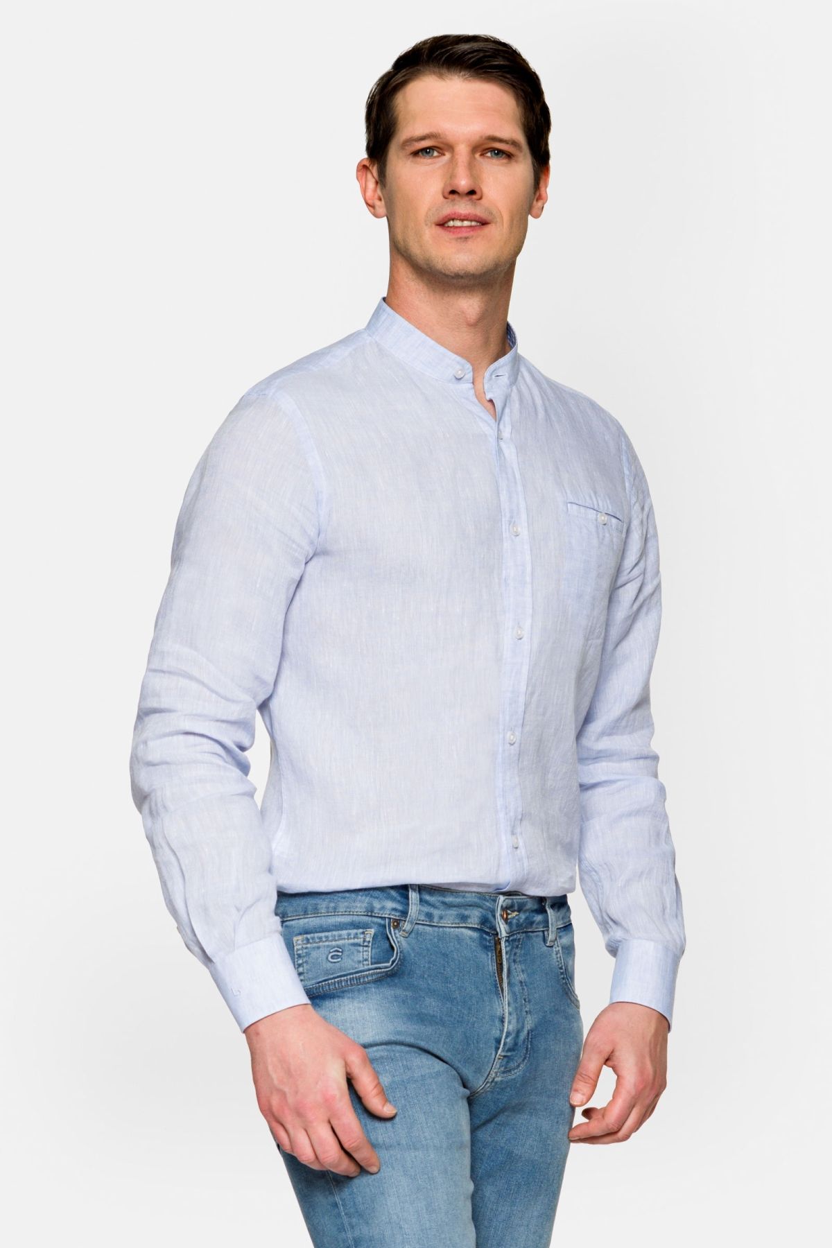 Koszula Błękitna Lniana ze Stójką Lauryn