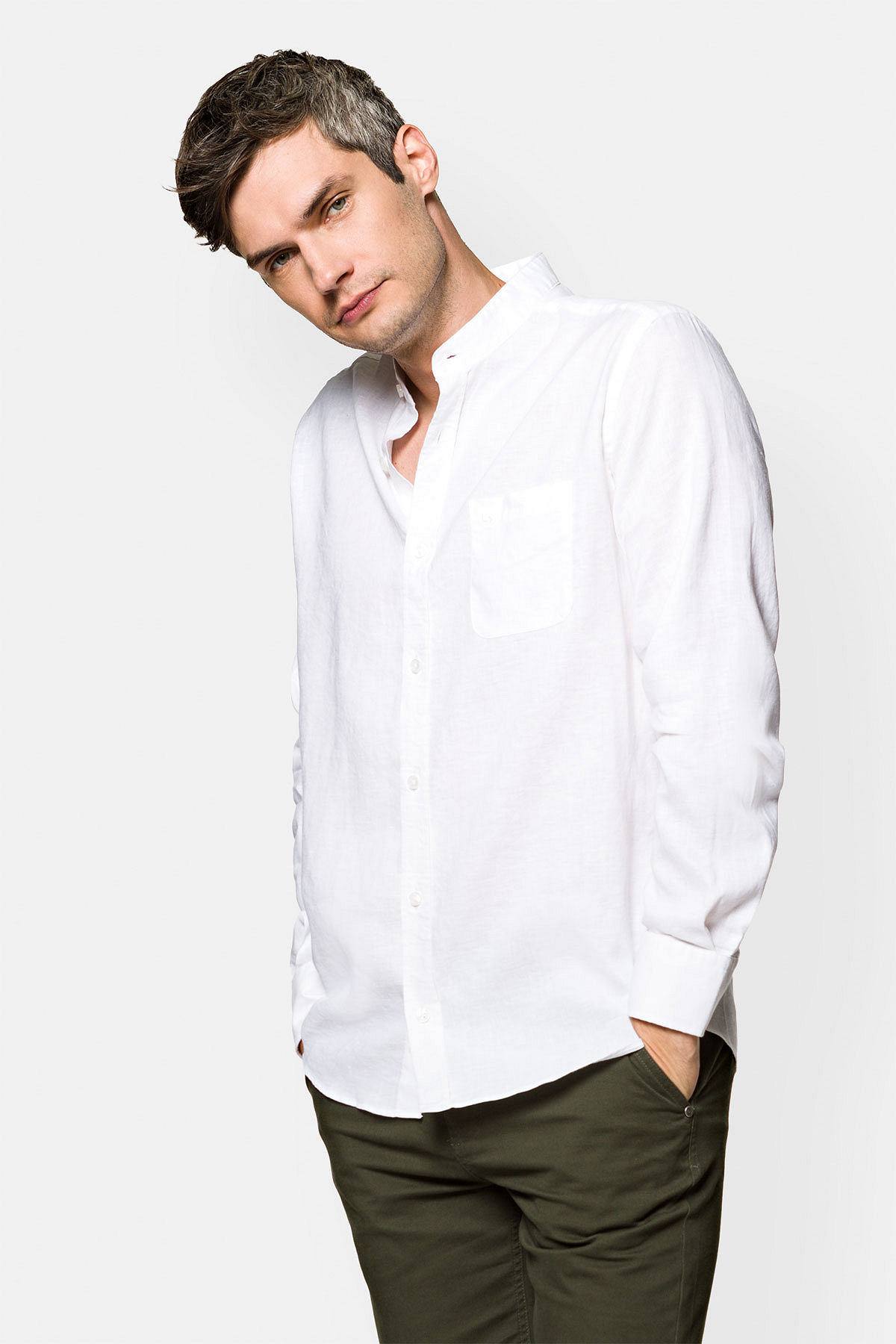 Koszula Biała Lniana ze Stójką Teodoria