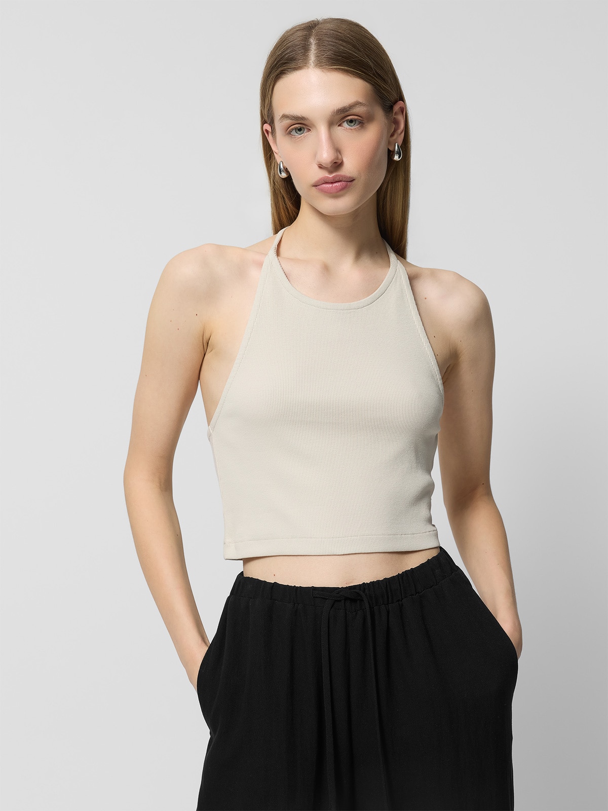 Top slim z prążkowanej dzianiny damski - beżowy