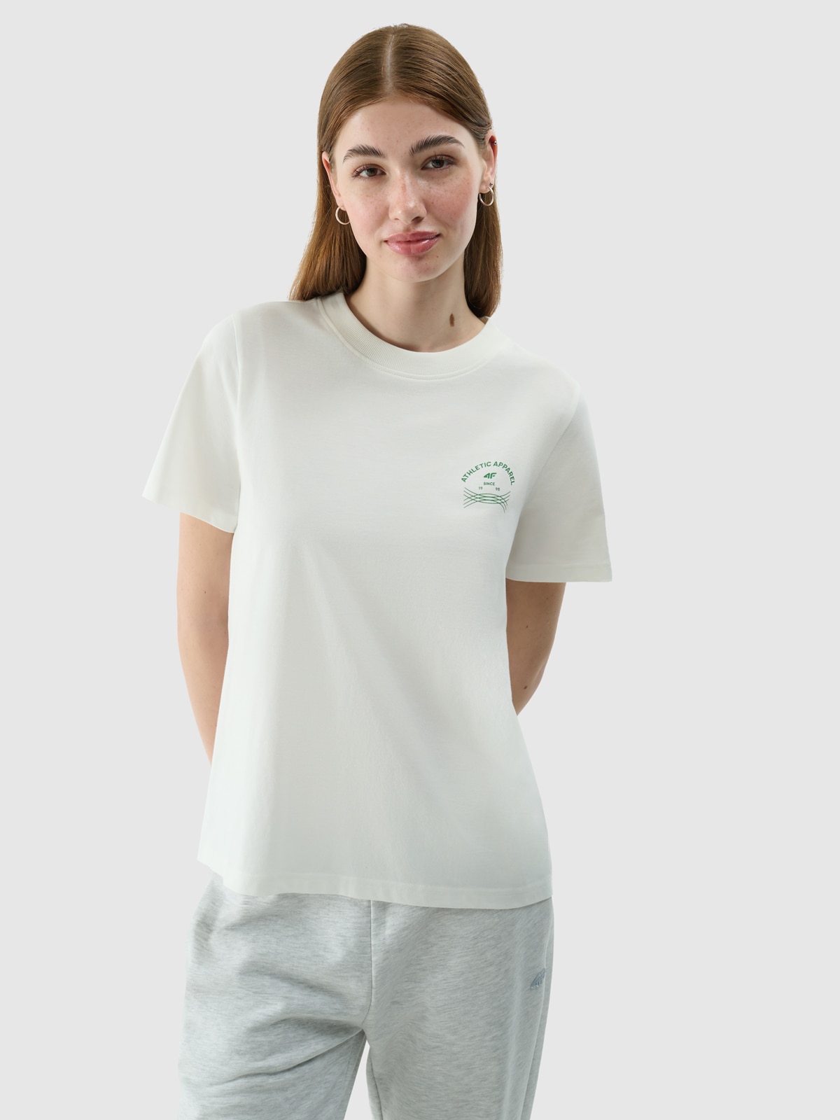 4F T-shirt regular z nadrukiem damski - kremowy XXL