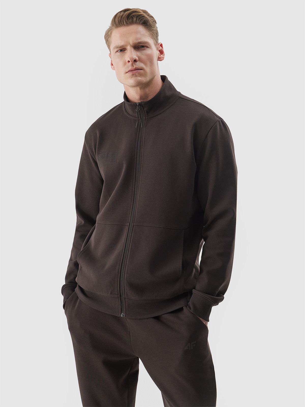 Bluza dresowa rozpinana bez kaptura męska - brązowa