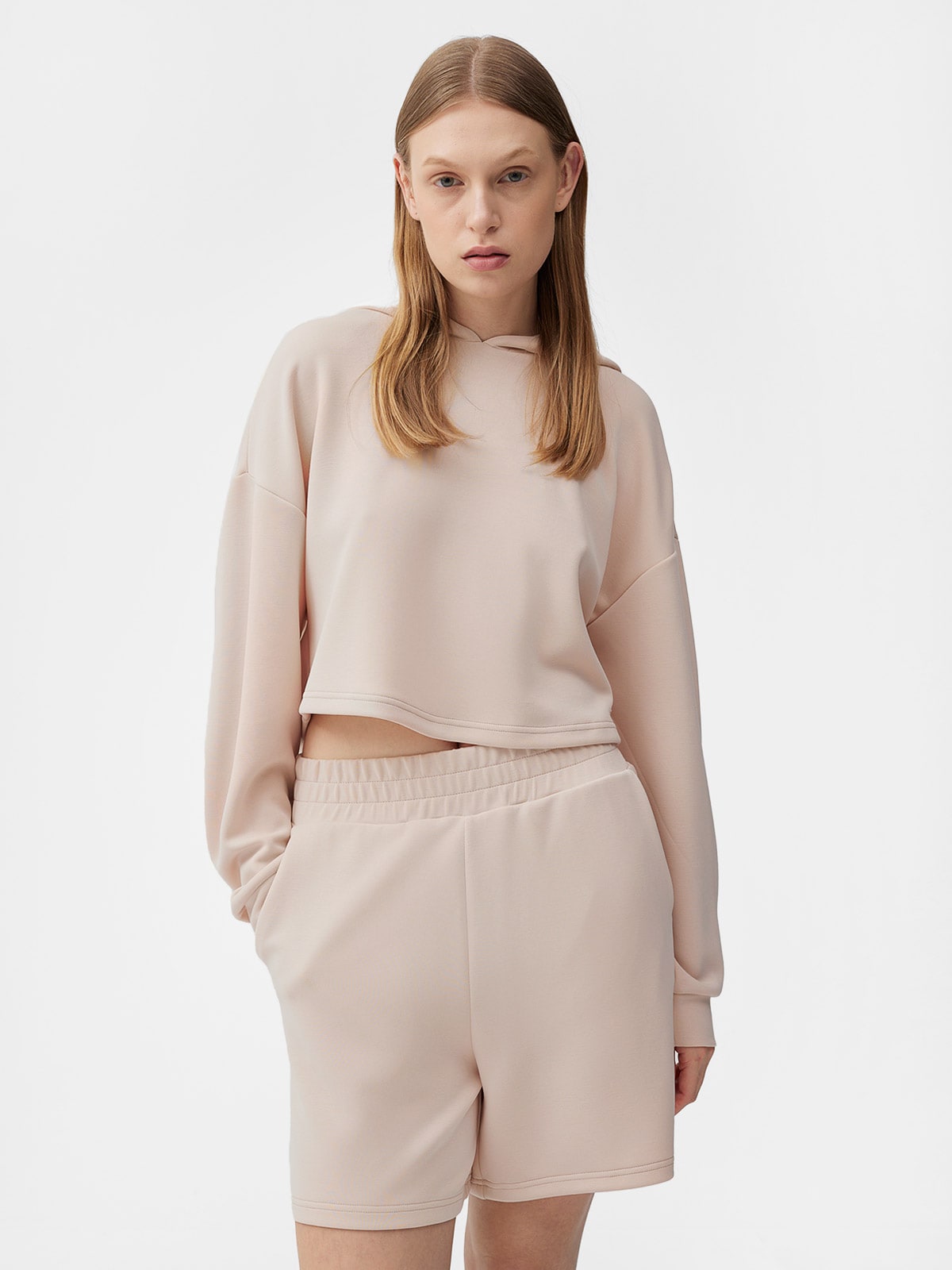 Bluza dresowa crop-top z modalem nierozpinana z kapturem damska